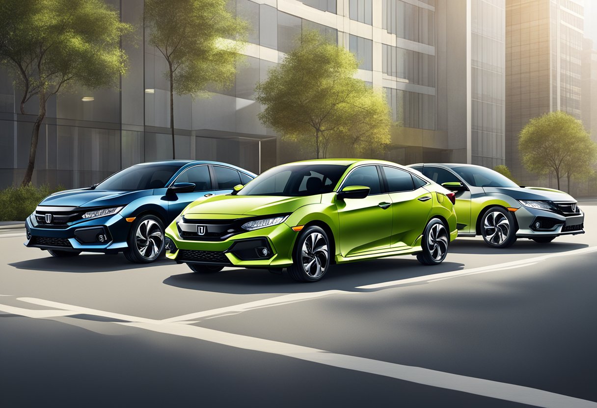 A lineup of Honda Civic variants displayed with oil specifications listed
