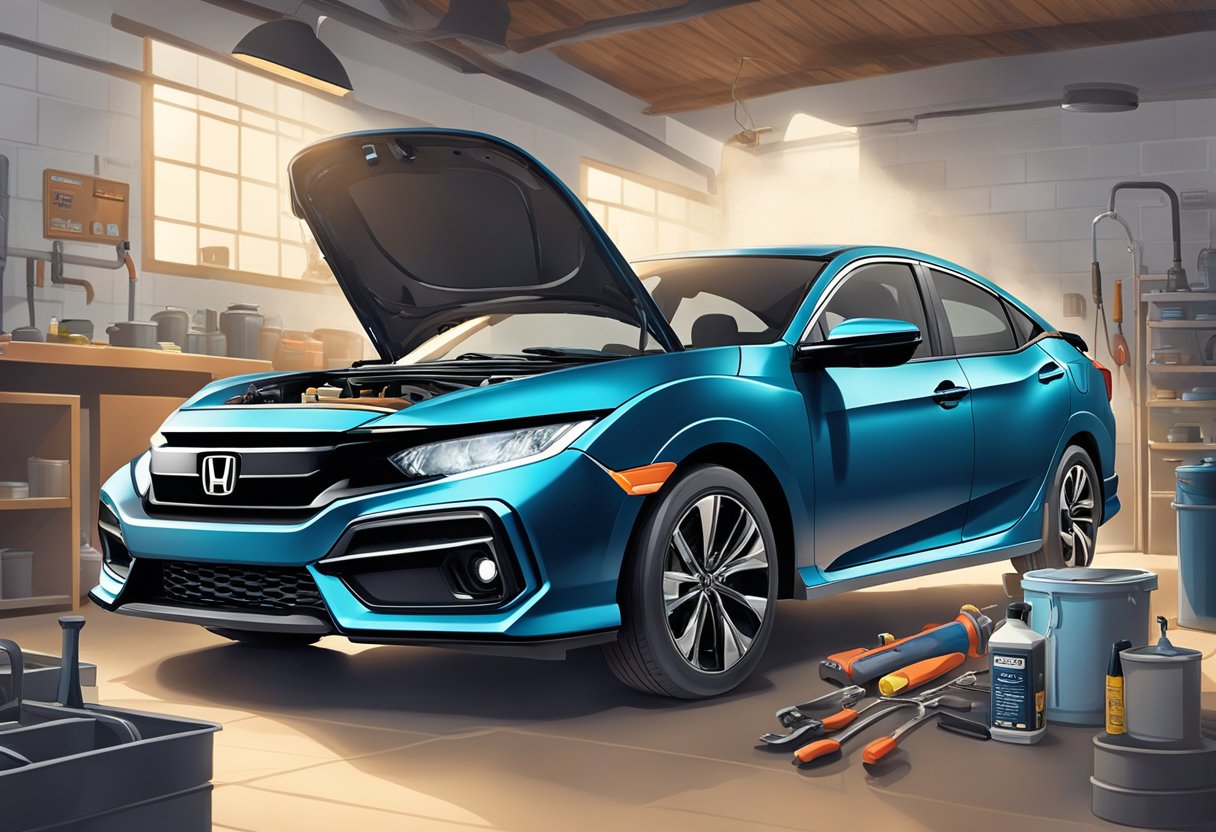 A Honda Civic owner pouring oil into the engine, referencing the owner's manual for the correct oil type. The car is parked in a well-lit garage with tools and a funnel nearby