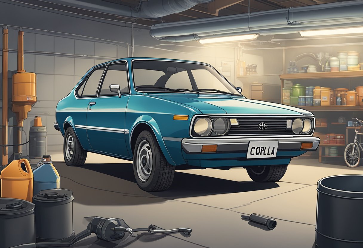 A Toyota Corolla sits in a garage with its hood open, a funnel and oil canister nearby. The oil capacity label is visible on the engine