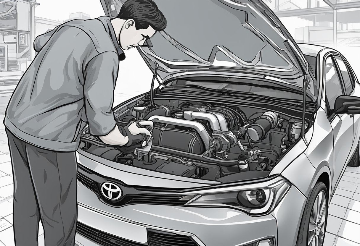A mechanic pours the correct oil into a Toyota Corolla's engine, following the manufacturer's recommended oil capacity