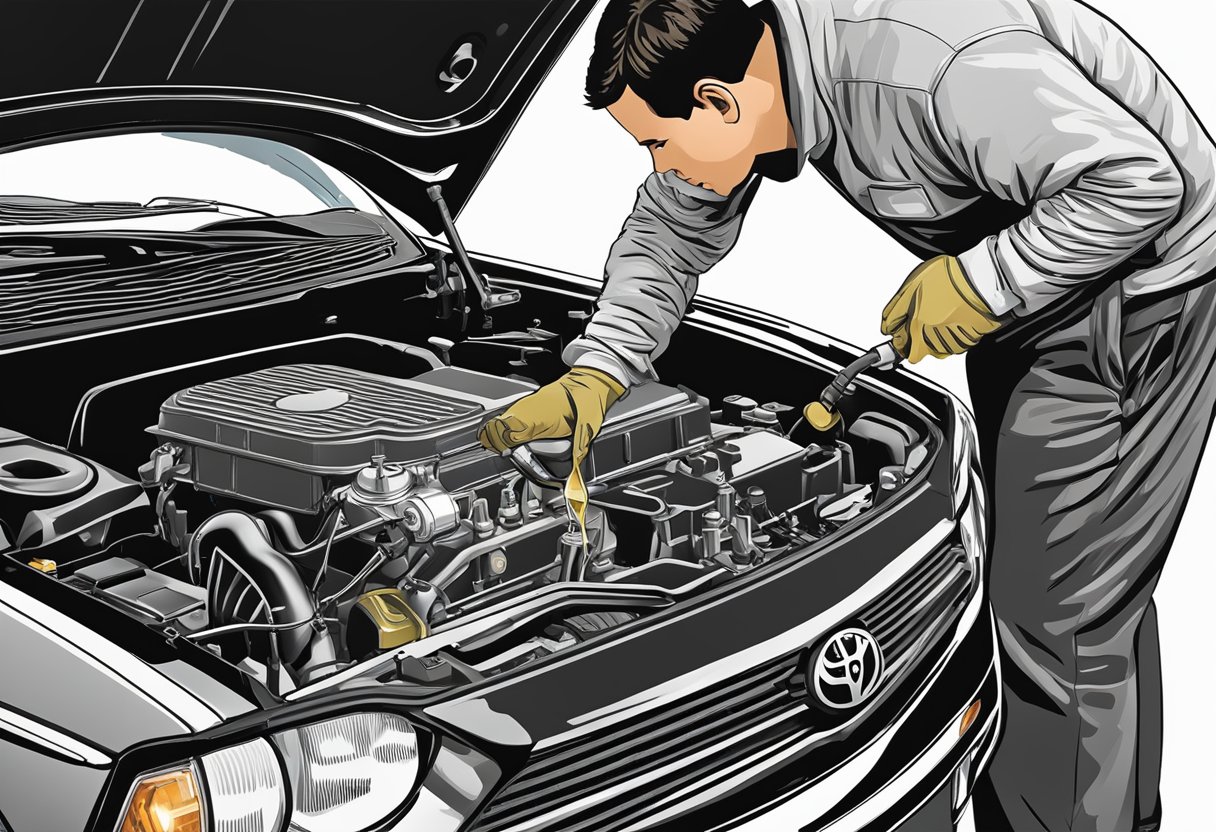 A mechanic pours 5W-30 oil into a Toyota Corolla engine, with the hood open and a funnel in place
