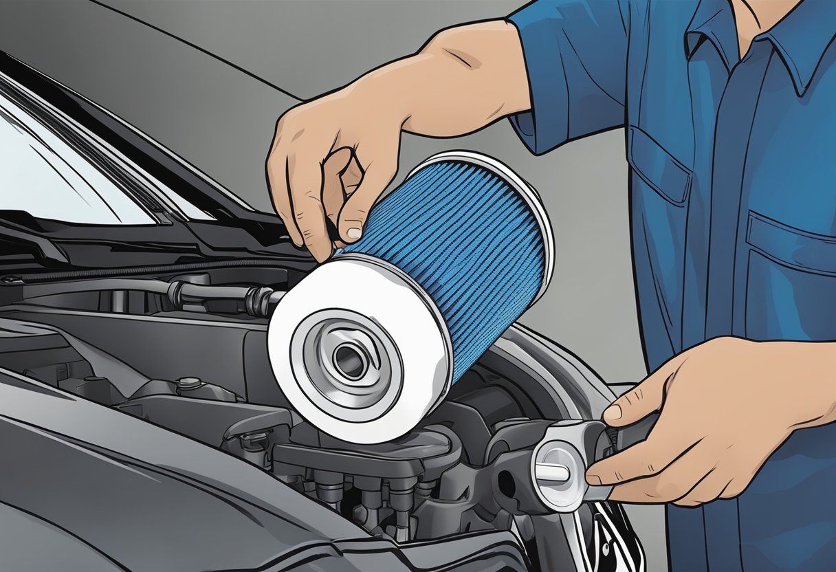 A mechanic holds a Toyota Corolla oil filter while pouring oil into the engine. The correct oil type is labeled clearly on the filter
