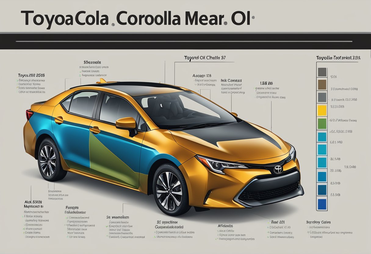A Toyota Corolla model year chart with labeled oil capacities and types