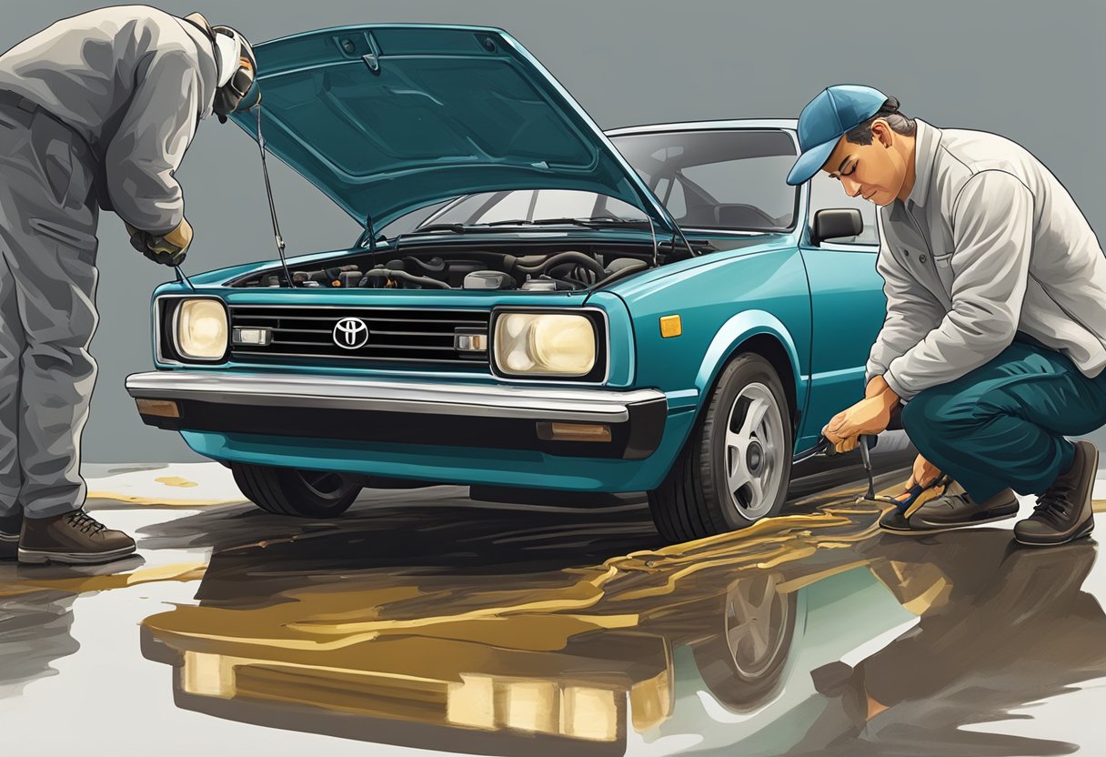 Toyota Corolla with oil leaking from the engine, oil stains on the ground, and a mechanic inspecting the oil type