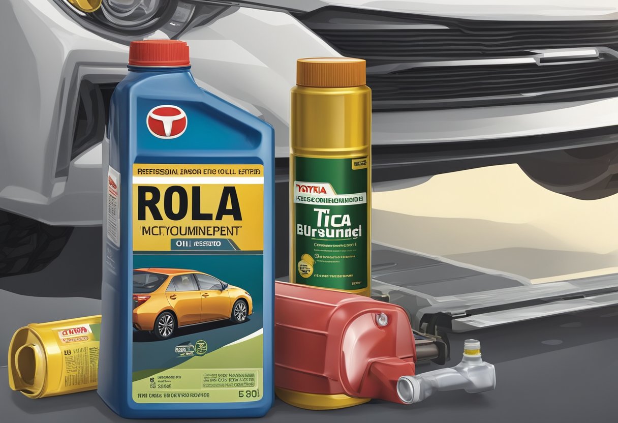 A Toyota Corolla oil canister sits next to a bottle of recommended oil, with the car's engine in the background