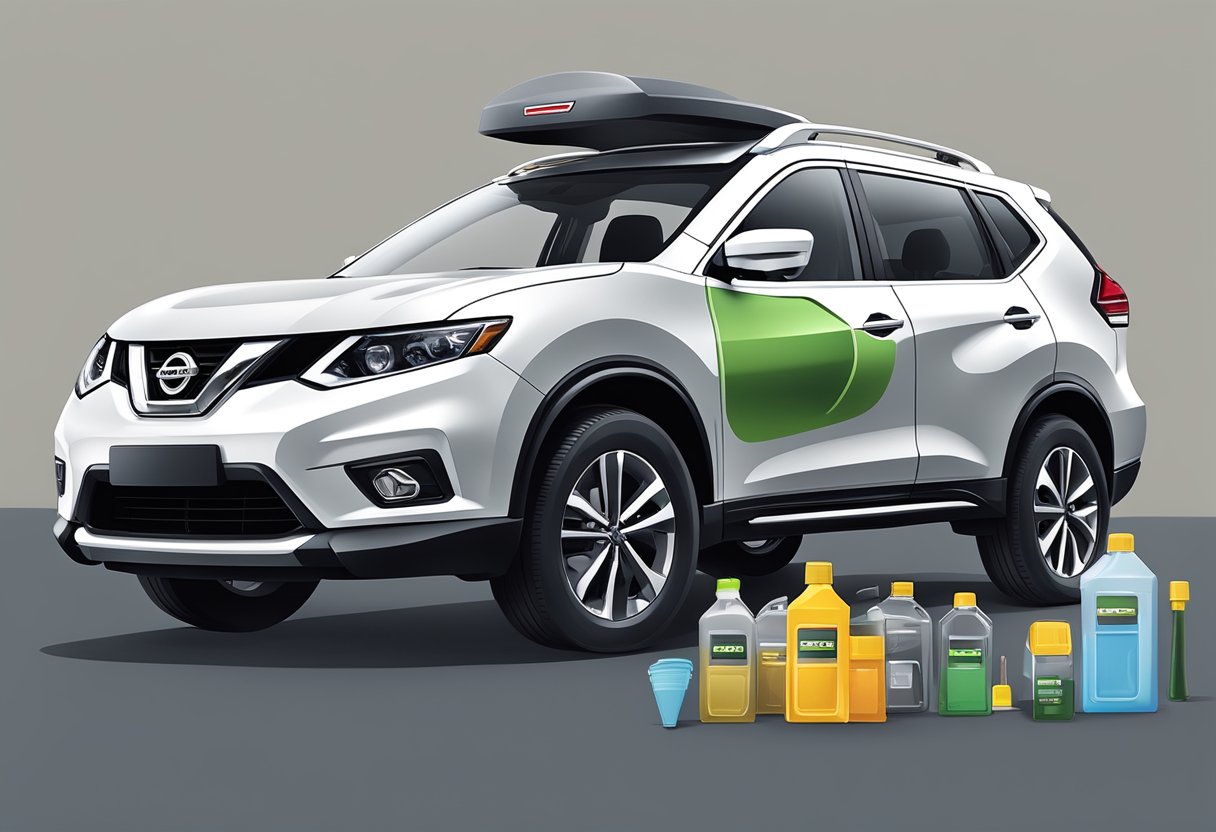A Nissan Rogue with its hood open, displaying the oil cap and dipstick, surrounded by oil bottles and a funnel