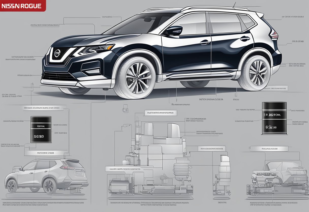 The Nissan Rogue's engine specifications are displayed with the oil capacity clearly labeled