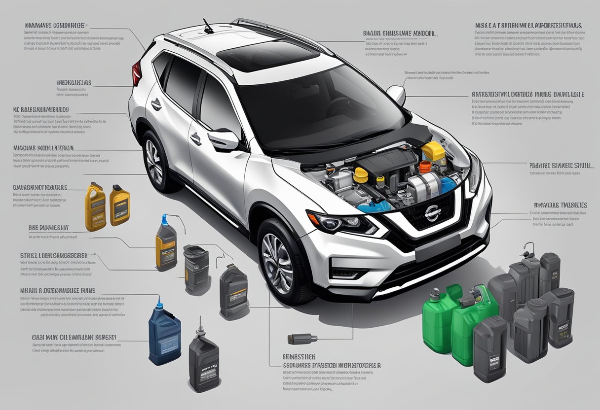 A Nissan Rogue with its hood open, displaying the oil cap and dipstick, surrounded by various oil containers and labeled specifications
