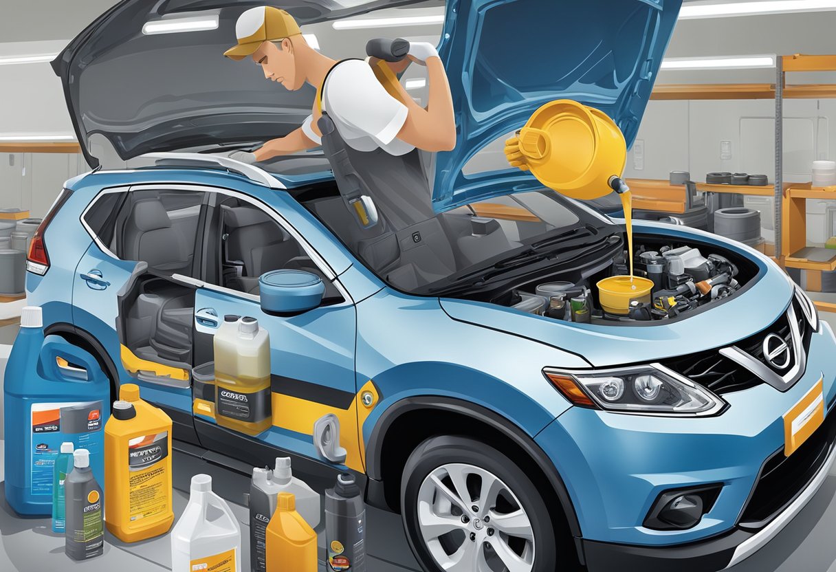A mechanic pours Nissan Rogue oil into the engine, surrounded by various fluid and lubricant containers