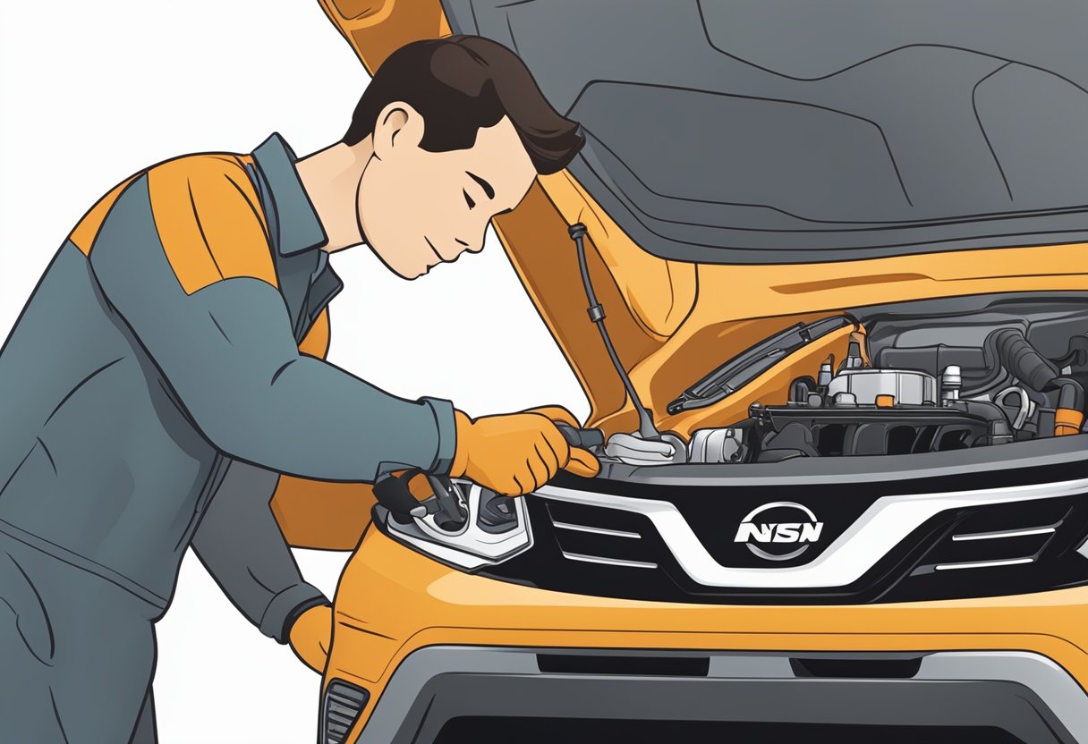 A mechanic pours the recommended oil type into a Nissan Rogue's engine during routine maintenance