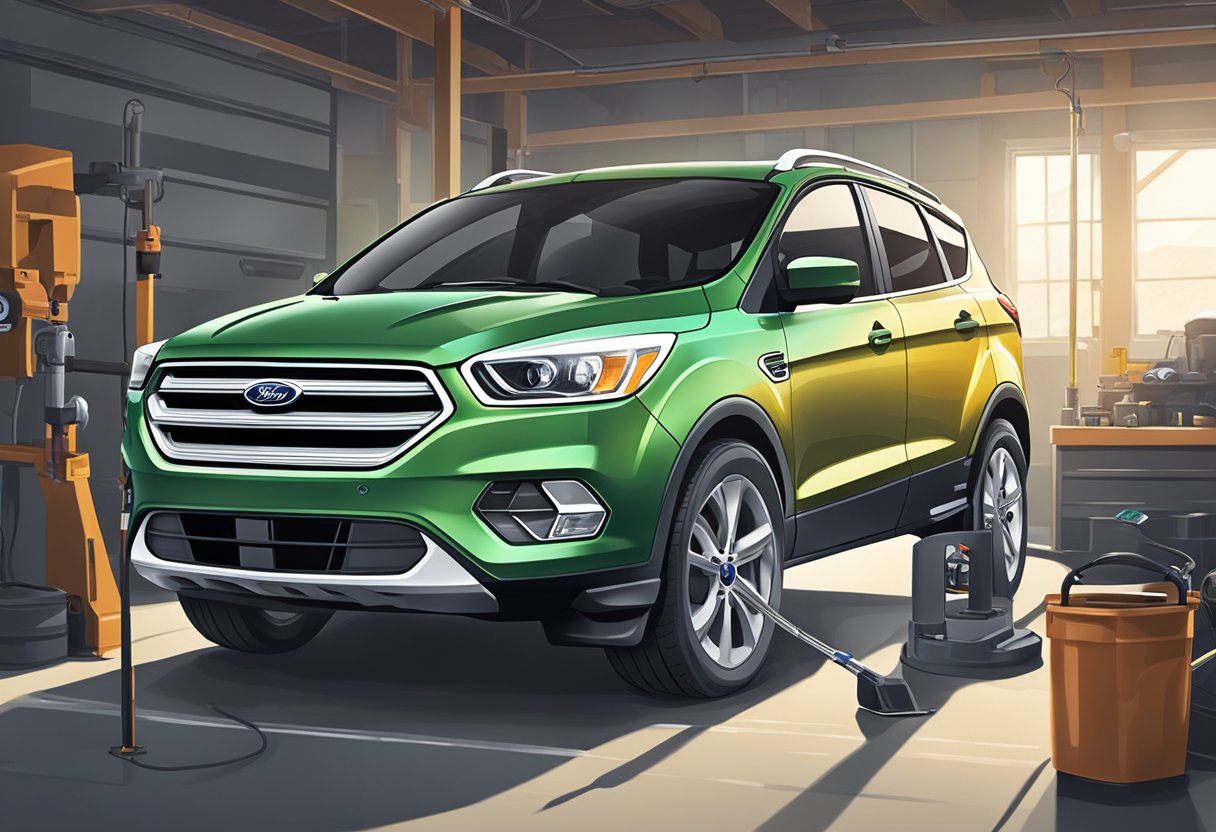 A Ford Escape's oil capacity is being checked with a measuring stick by a mechanic in a garage