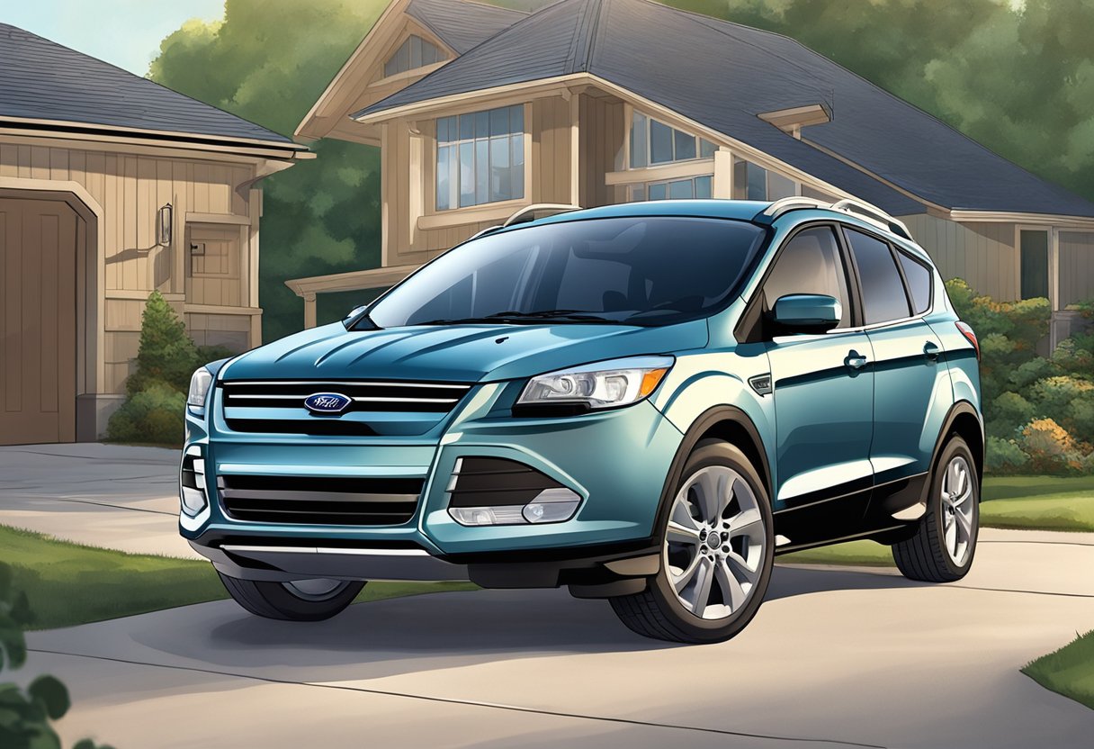 A Ford Escape is parked in a driveway, with the hood open and a mechanic pouring oil into the engine