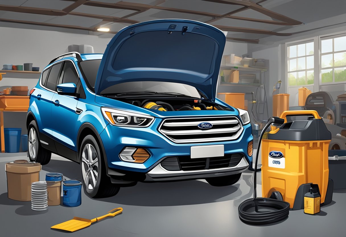 A Ford Escape sits in a garage, with a mechanic pouring oil into the engine. A large oil container and a funnel are visible nearby