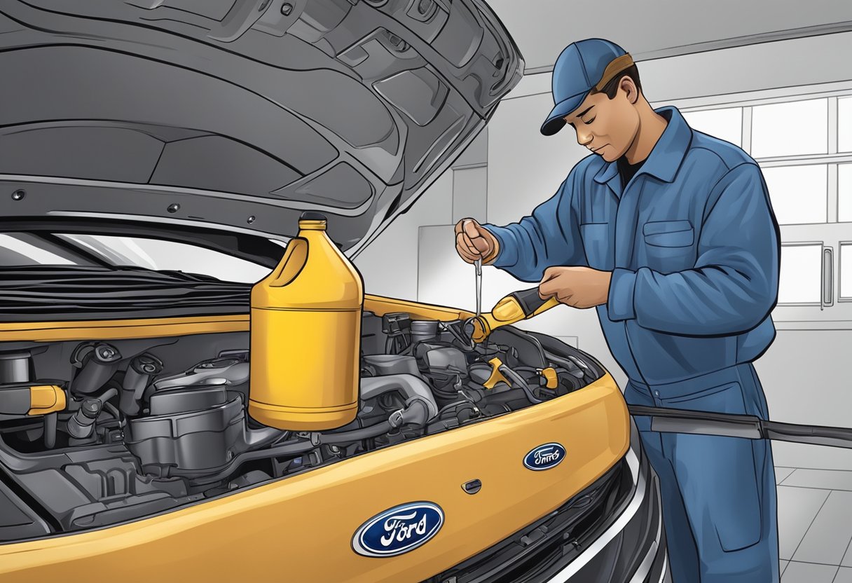 A mechanic pours 5.7 quarts of oil into a Ford Escape during routine maintenance. The oil capacity for the vehicle is clearly labeled on the engine
