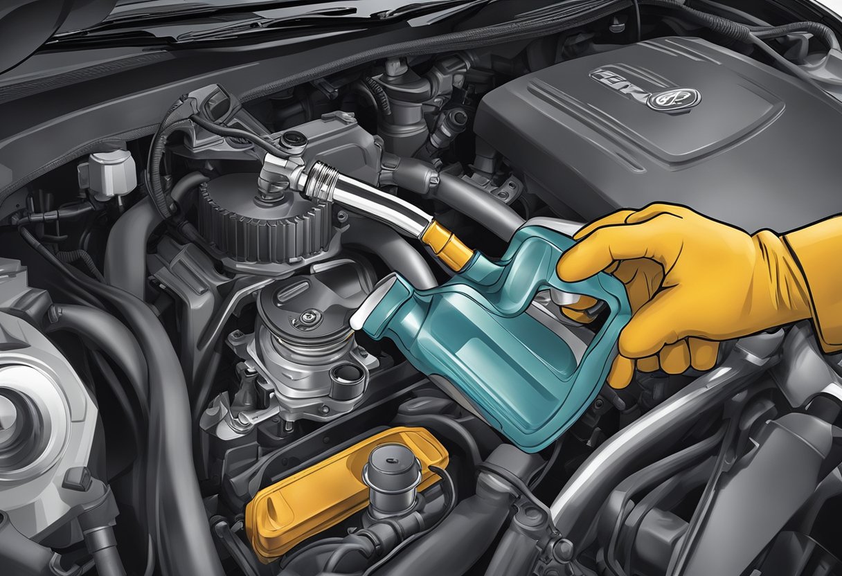 A mechanic pouring 5W-20 oil into a Ford Escape engine, with the oil cap off and a funnel in place