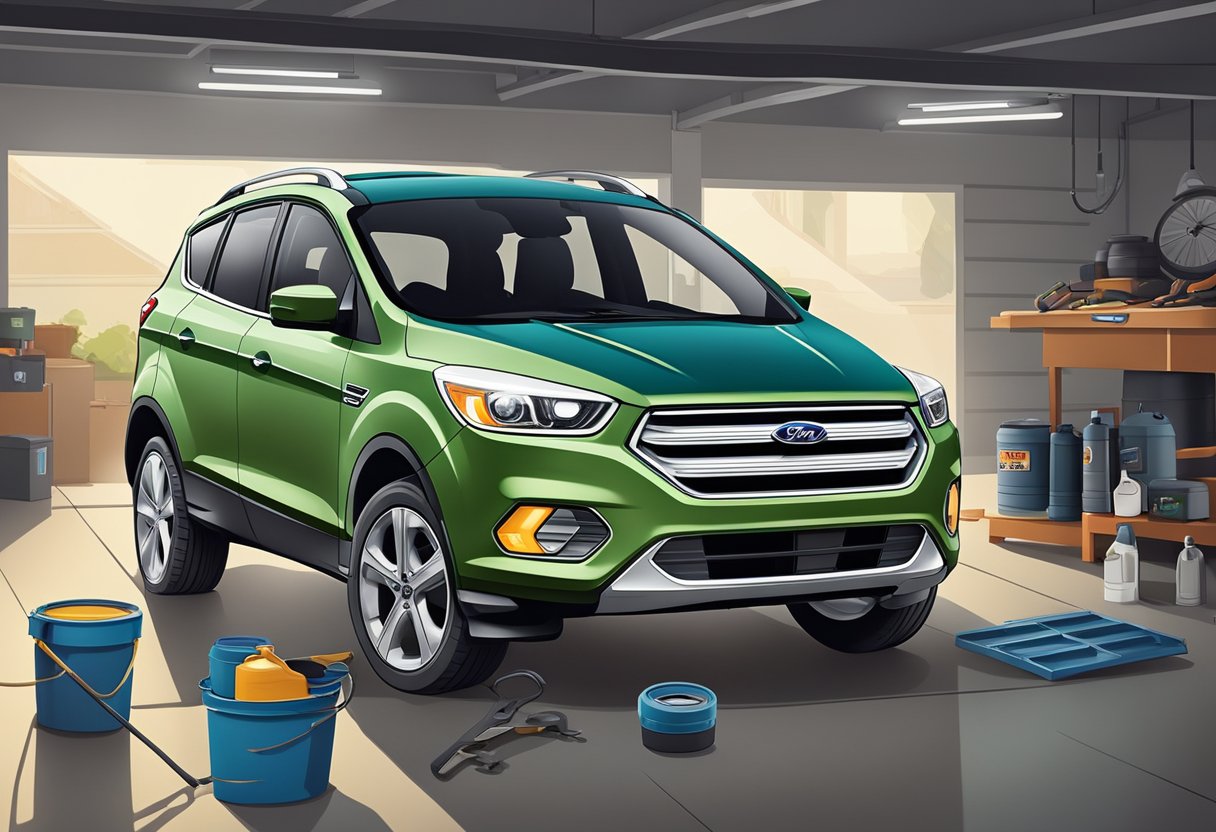 A Ford Escape parked in a garage with oil, filter, and wrenches laid out for an oil change