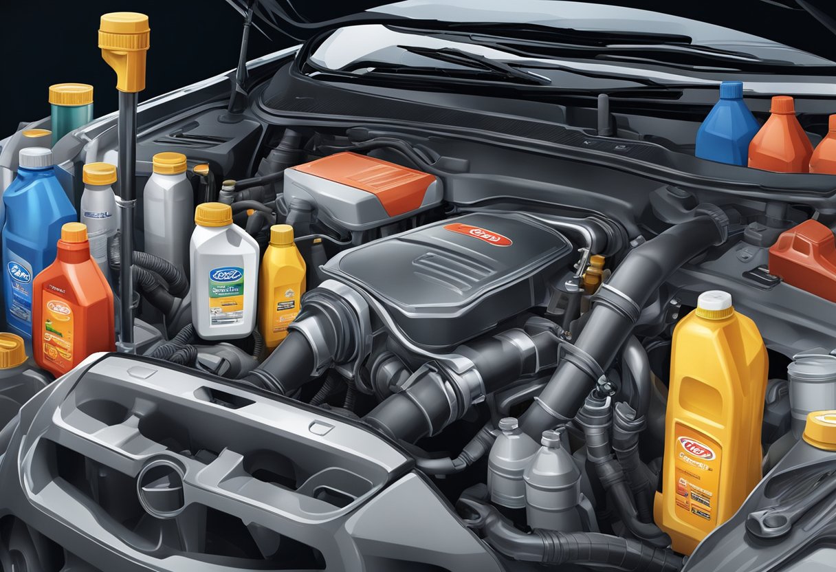 A mechanic pours Ford Escape oil into the engine, surrounded by various fluid and lubricant containers