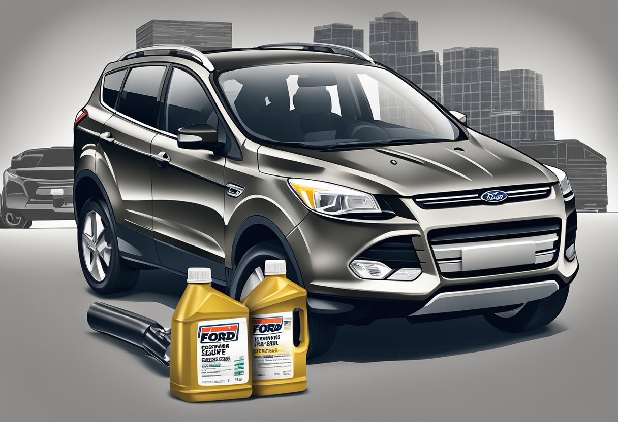 A bottle of motor oil labeled "Ford Escape Oil Type" sits next to a car engine, with a manual and maintenance log nearby