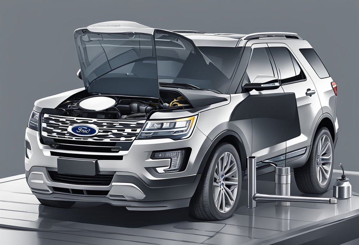 A Ford Explorer parked on a level surface, with the hood open and a funnel inserted into the oil filler hole. A mechanic pouring oil into the engine