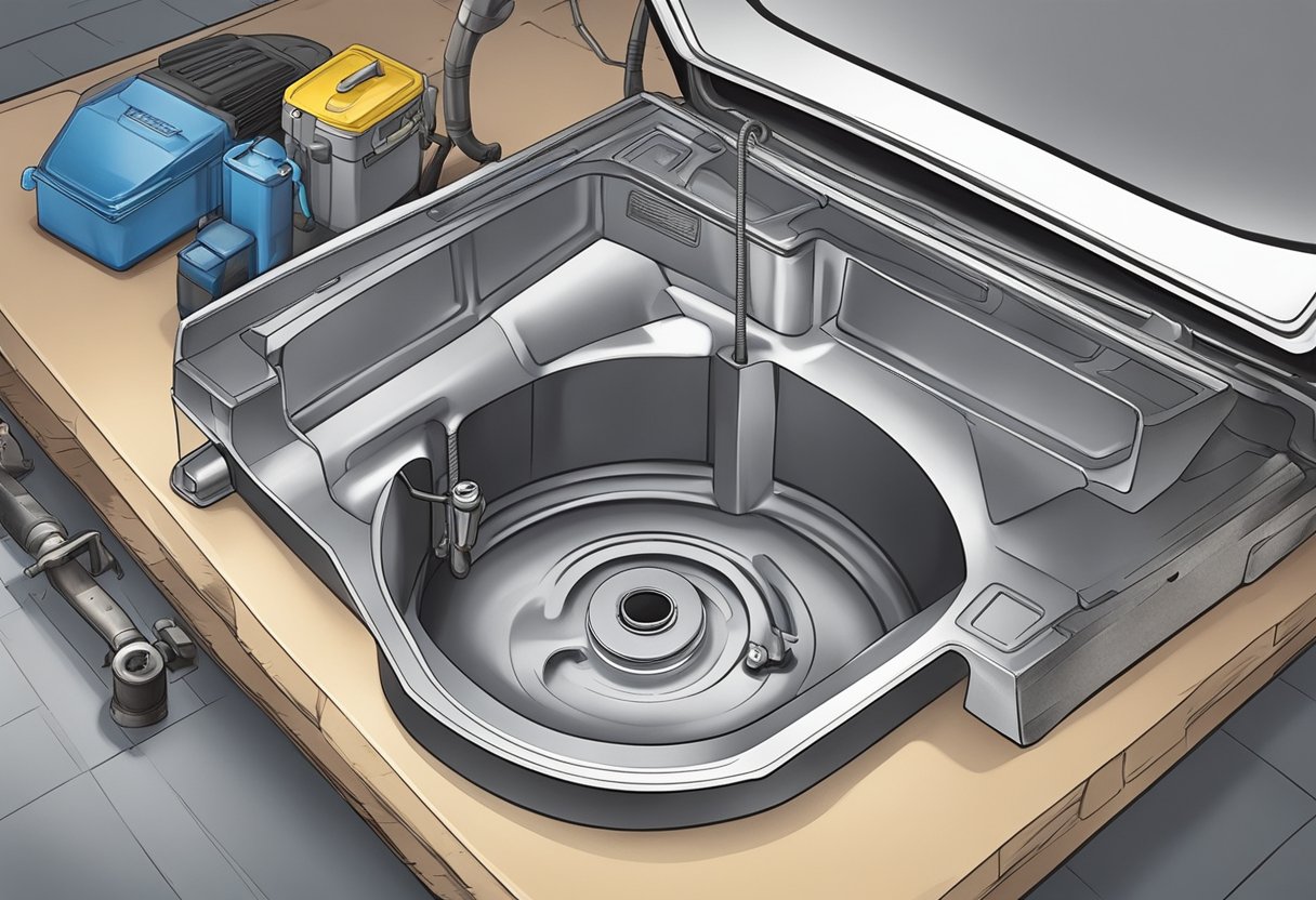 A Ford Explorer is parked on a flat surface. A drain pan is placed under the oil pan. A wrench is used to remove the drain plug, allowing the old oil to drain out