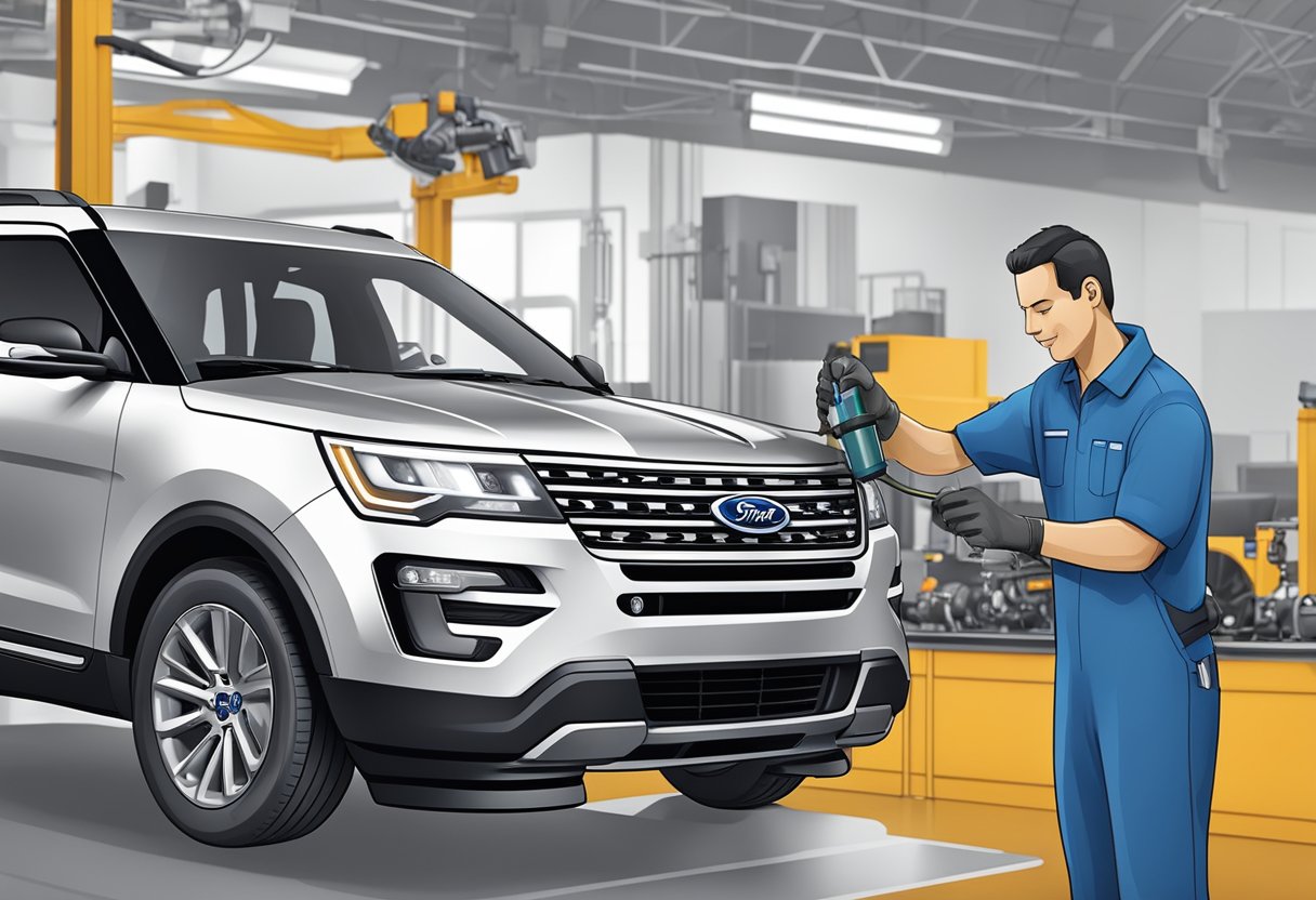 The Ford Explorer's engine is being serviced, with a technician pouring the correct amount of oil into the engine to optimize its performance