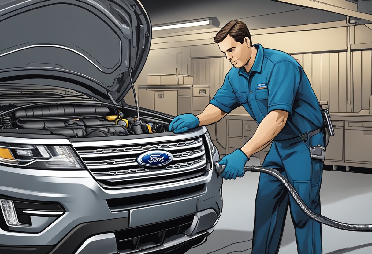 A mechanic pours oil into a Ford Explorer's engine, checking the capacity to ensure proper maintenance