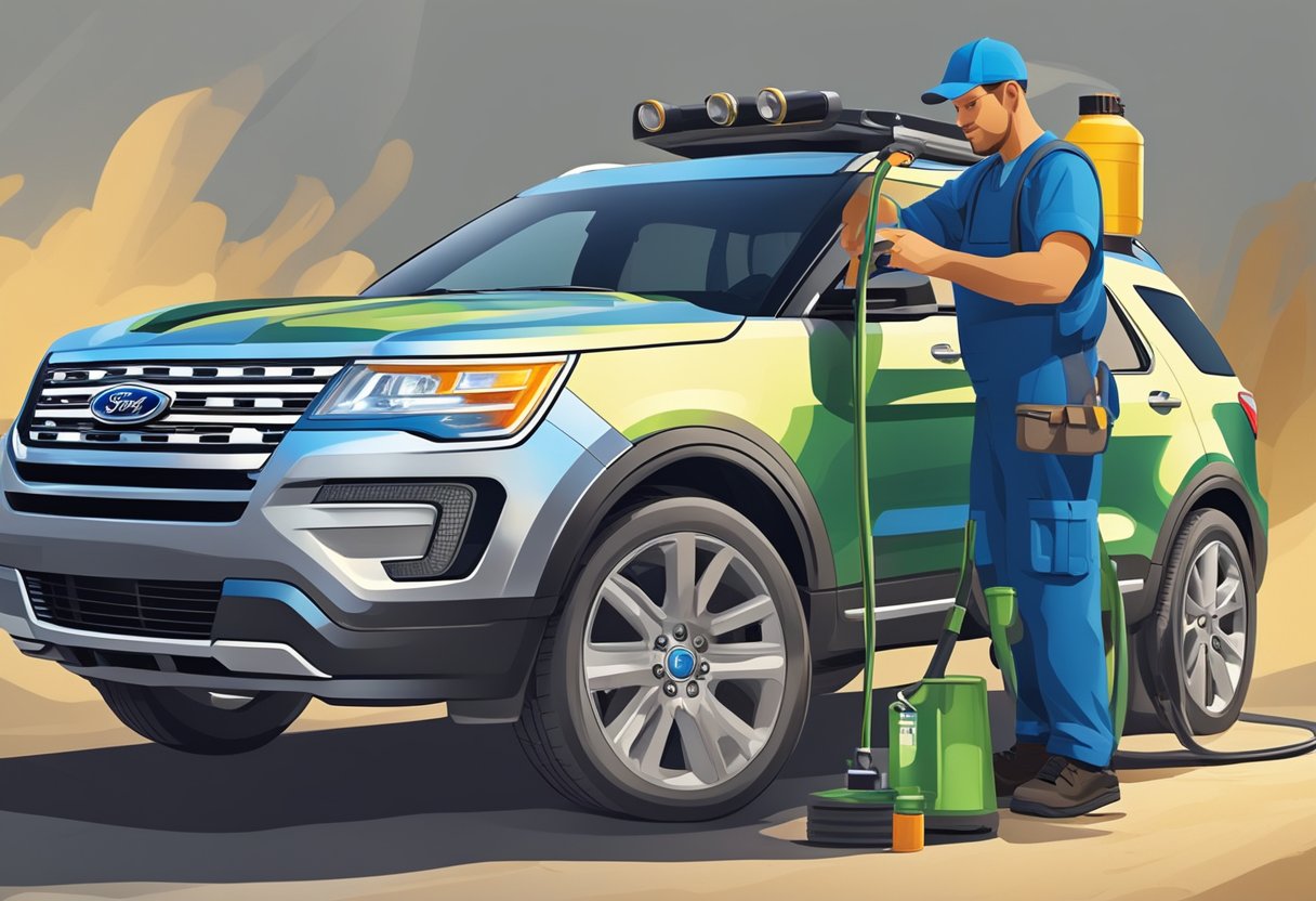 A Ford Explorer with an open hood, oil canisters, and a measuring stick to check oil levels. A mechanic inspecting and pouring oil into the engine