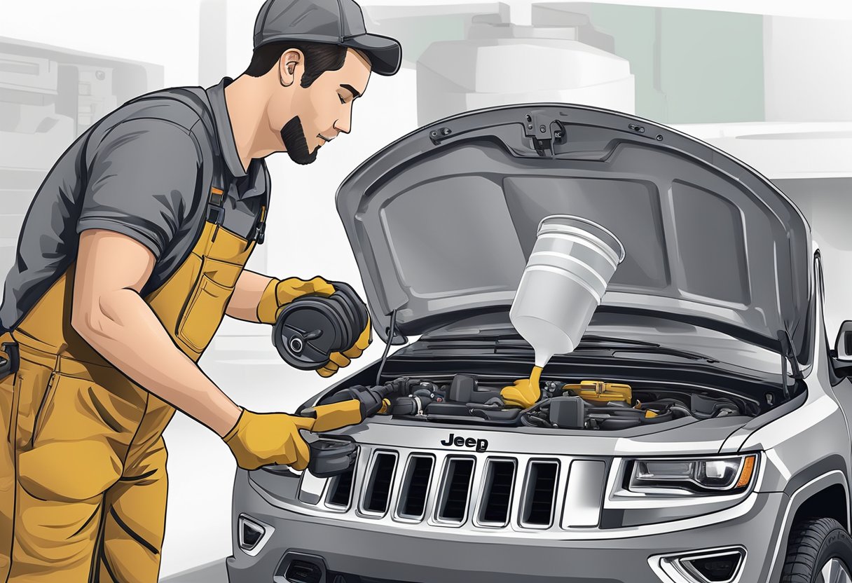 A mechanic pours 5W-20 oil into a Jeep Grand Cherokee engine, with the oil cap off and a funnel inserted