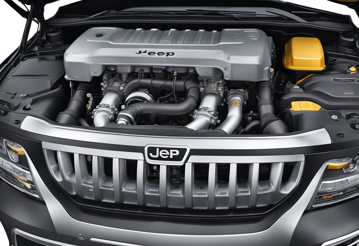 A Jeep Grand Cherokee engine with its oil type specifications displayed in clear view