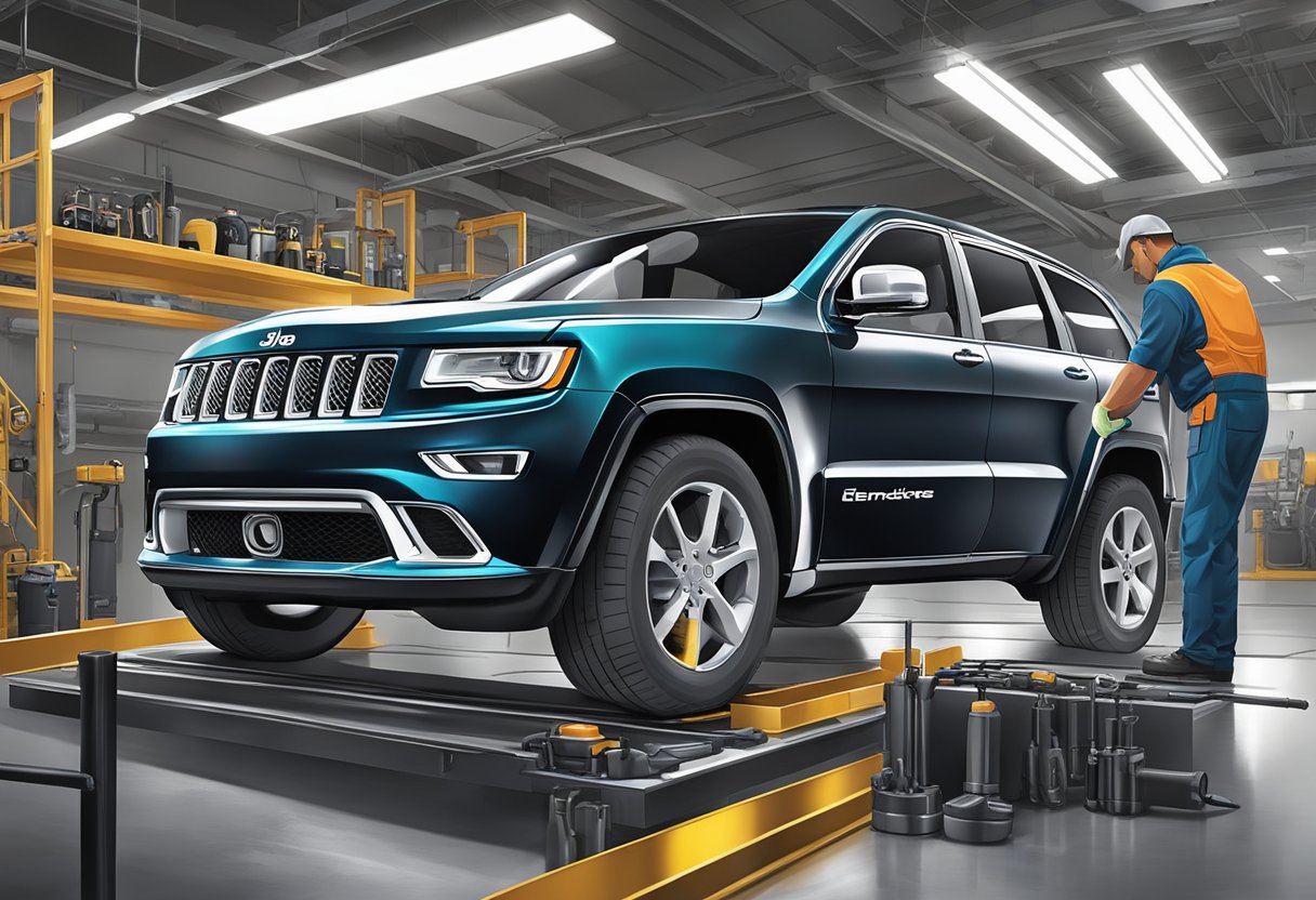A mechanic pours synthetic oil into a Jeep Grand Cherokee engine, ensuring performance and efficiency