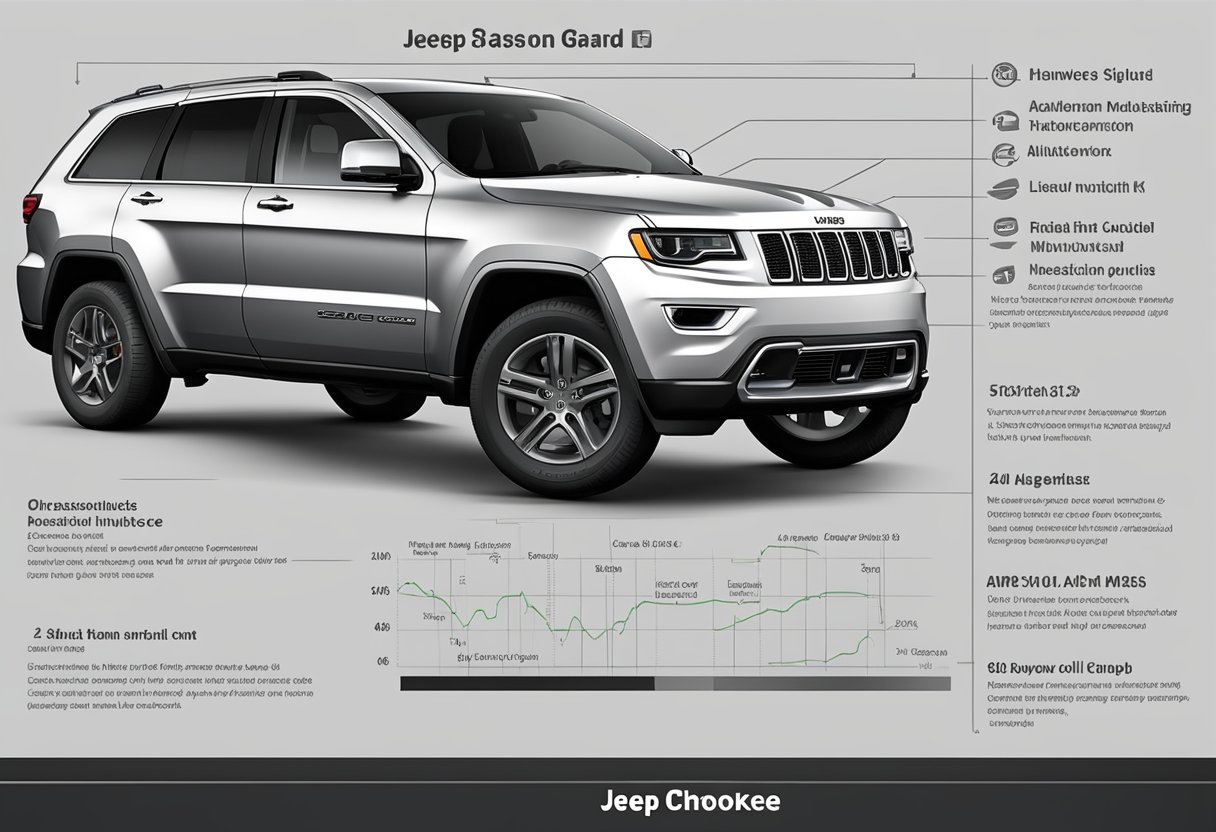 A Jeep Grand Cherokee with various trims and oil types displayed on a chart