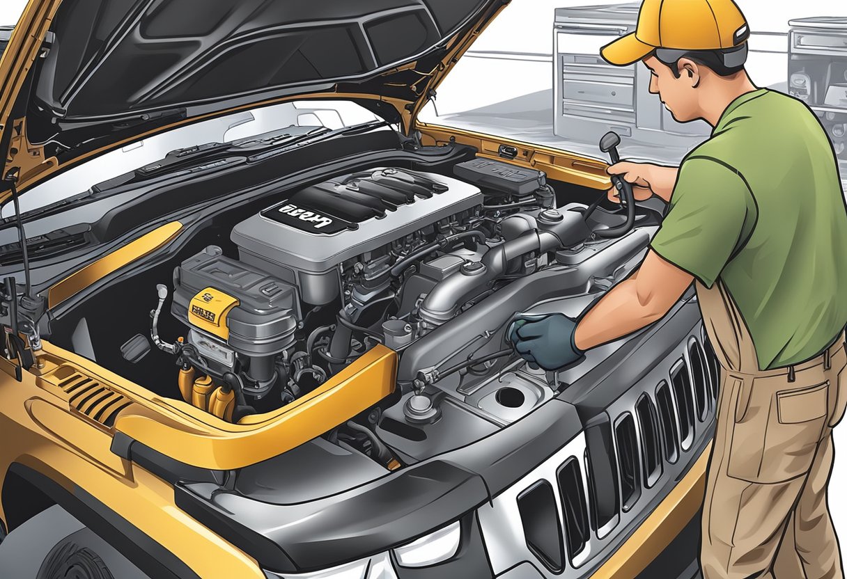 A mechanic pours the recommended oil type into a Jeep Grand Cherokee's engine, ensuring proper maintenance