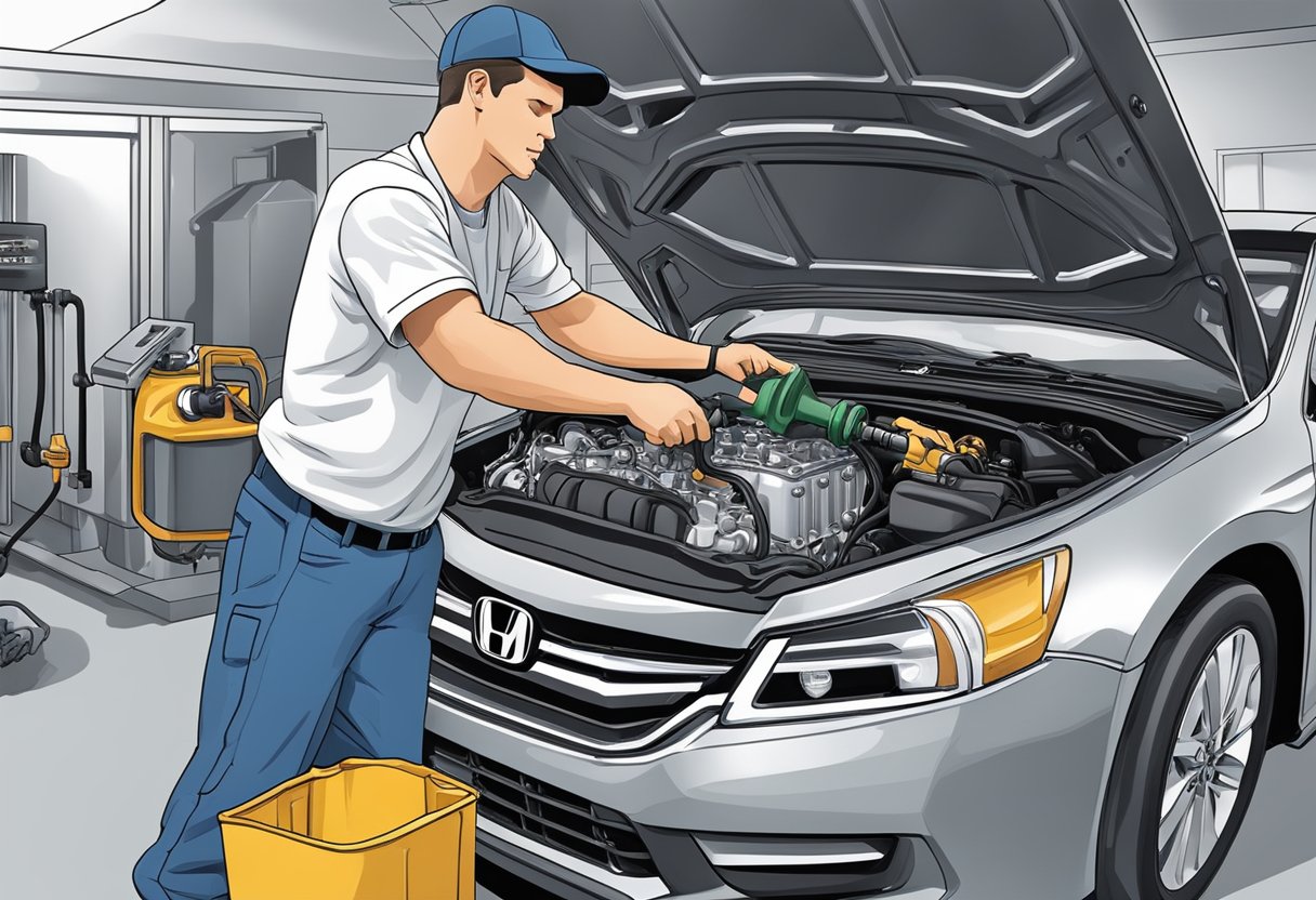 A mechanic pours 4.4 quarts of oil into a Honda Accord engine, filling it to its recommended capacity