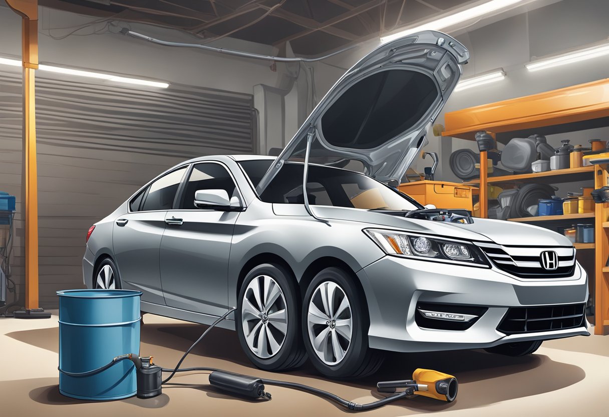 A Honda Accord sits in a garage, with its hood open and a mechanic pouring oil into the engine
