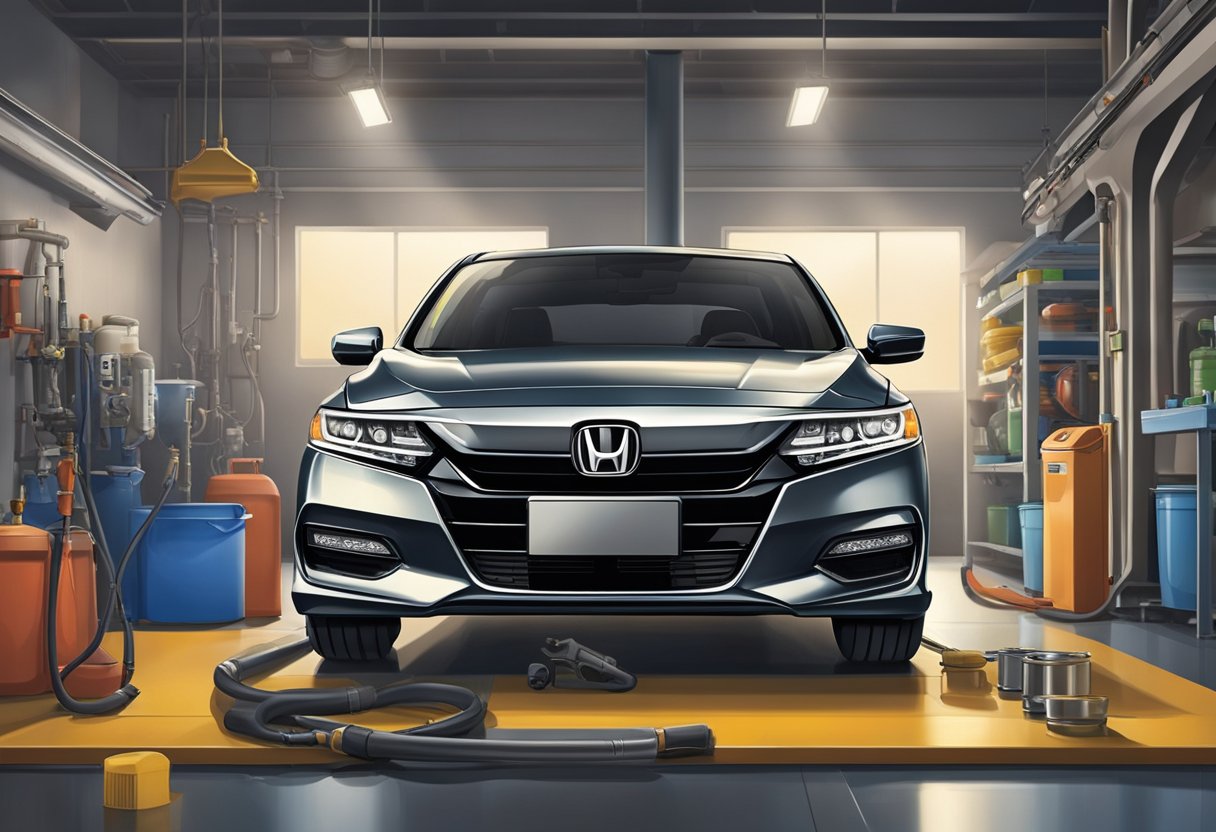 A Honda Accord sits in a garage with its hood open. A mechanic pours oil into the engine, following the manufacturer's recommended oil capacity