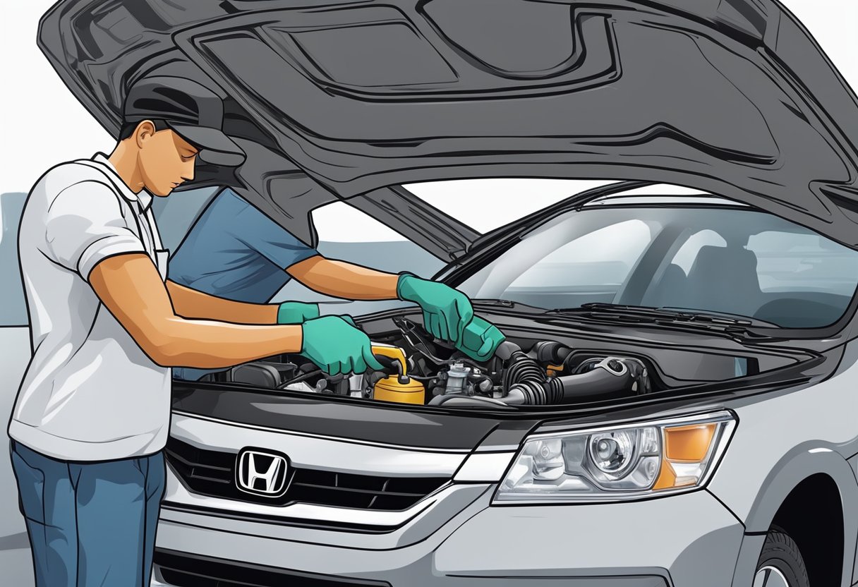 A mechanic pours oil into a Honda Accord engine, following the manufacturer's recommended oil capacity for maintenance and care