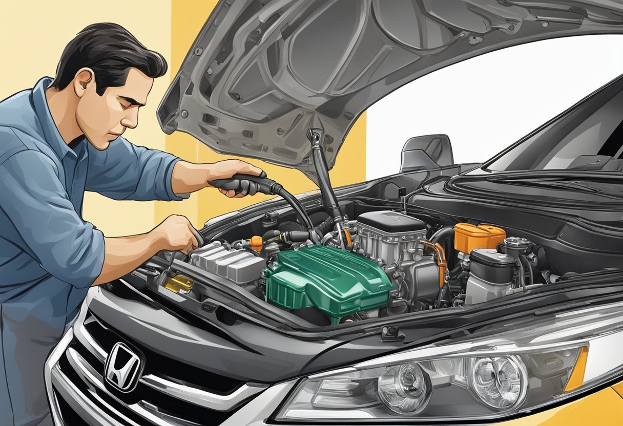 A mechanic pours oil into a Honda Accord engine, carefully checking the capacity to ensure proper lubrication