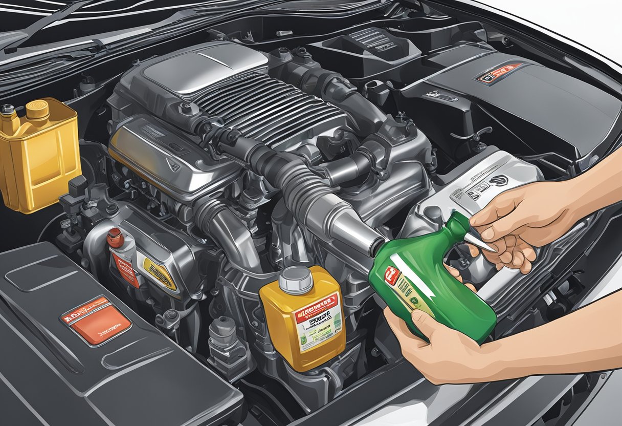 A hand pouring oil into a Honda Accord engine, with a bottle of recommended oil type nearby