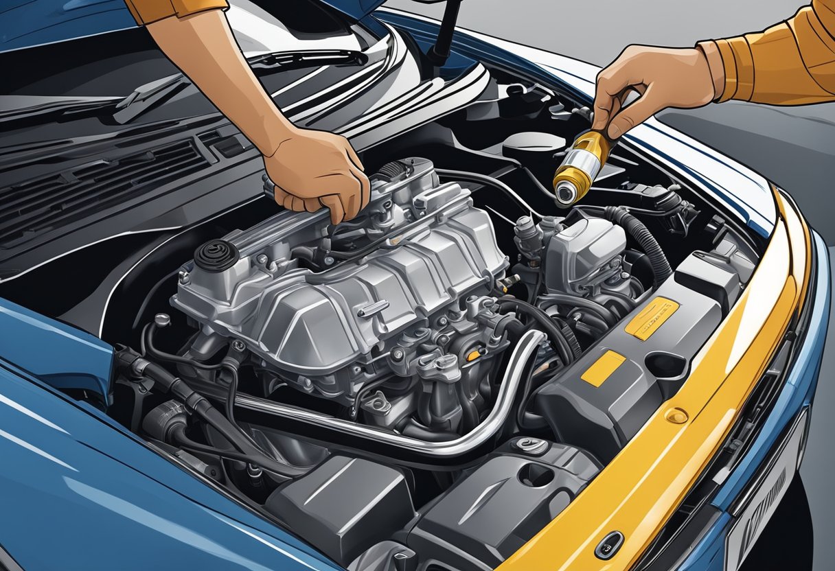 The mechanic pours the recommended oil into the Honda Accord's engine, carefully following the manufacturer's specifications for maintenance