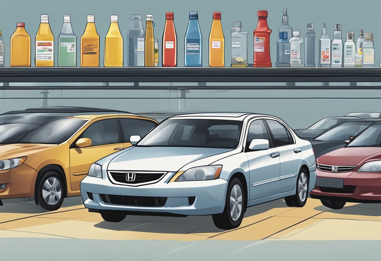A Honda Accord parked in front of a row of oil bottles, each labeled with different driving conditions (e.g. extreme heat, heavy traffic, long distances)