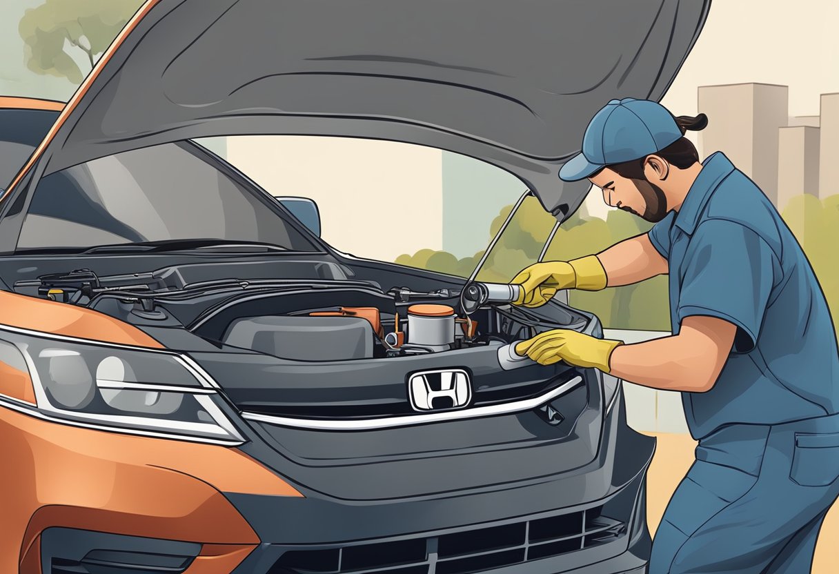 A mechanic pours fresh oil into a Honda Accord engine, using the recommended oil type for an oil change