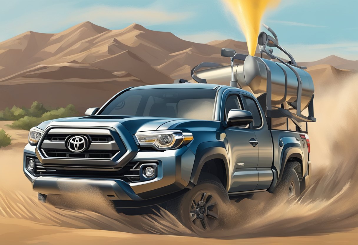 A Toyota Tacoma with its hood open, oil dipstick pulled out, and a funnel pouring oil into the engine