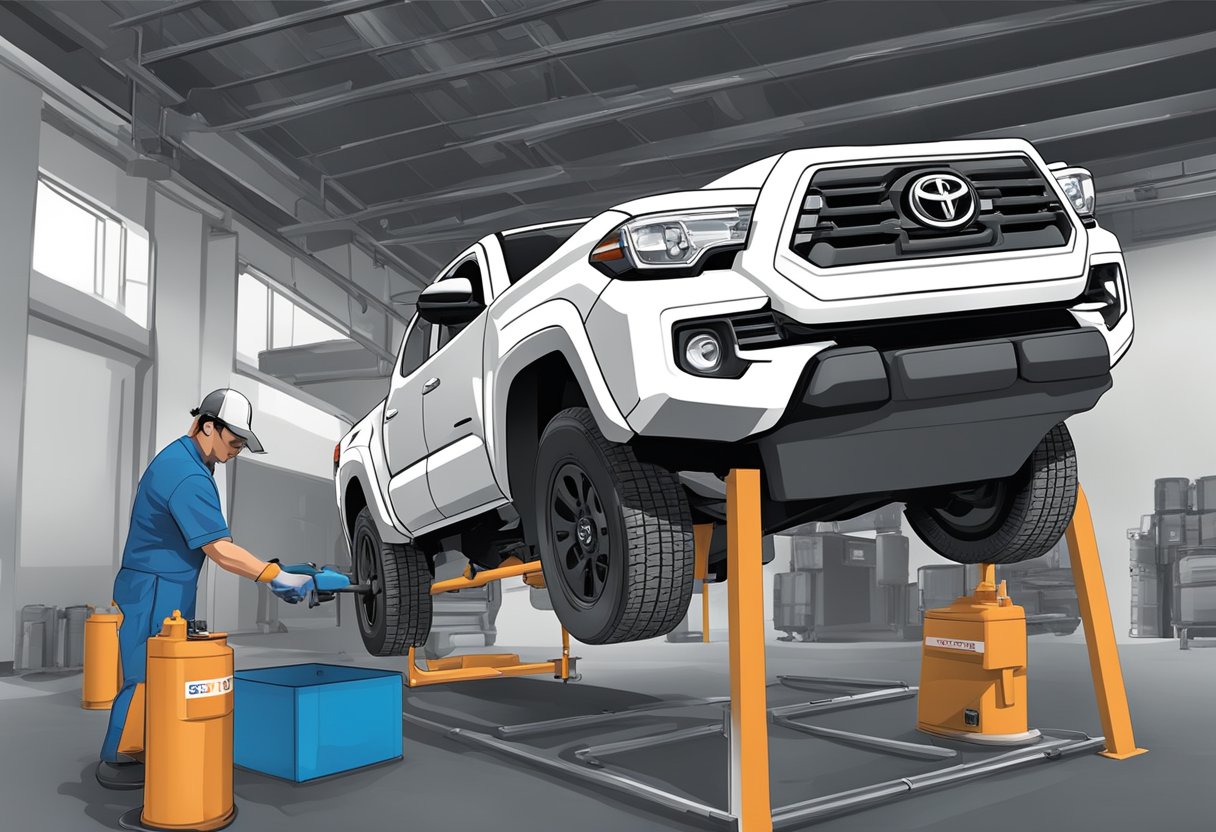The Toyota Tacoma's oil capacity is being checked by a technician using a measuring tool and a funnel, with the vehicle raised on a hydraulic lift