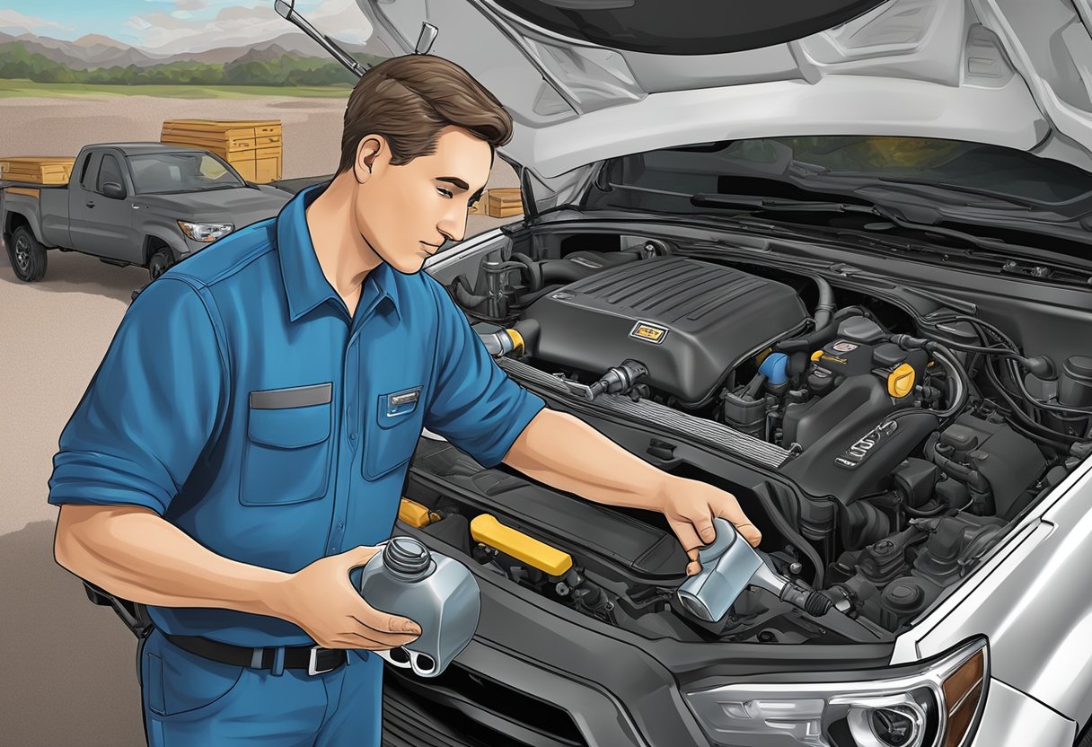 A mechanic pouring oil into a Toyota Tacoma engine, following the recommended oil capacity and checking for any leaks or issues