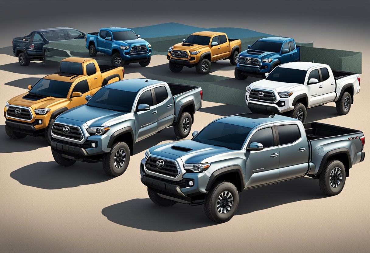 A lineup of Toyota Tacoma trucks showcasing various models and features, with a focus on the oil capacity specifications