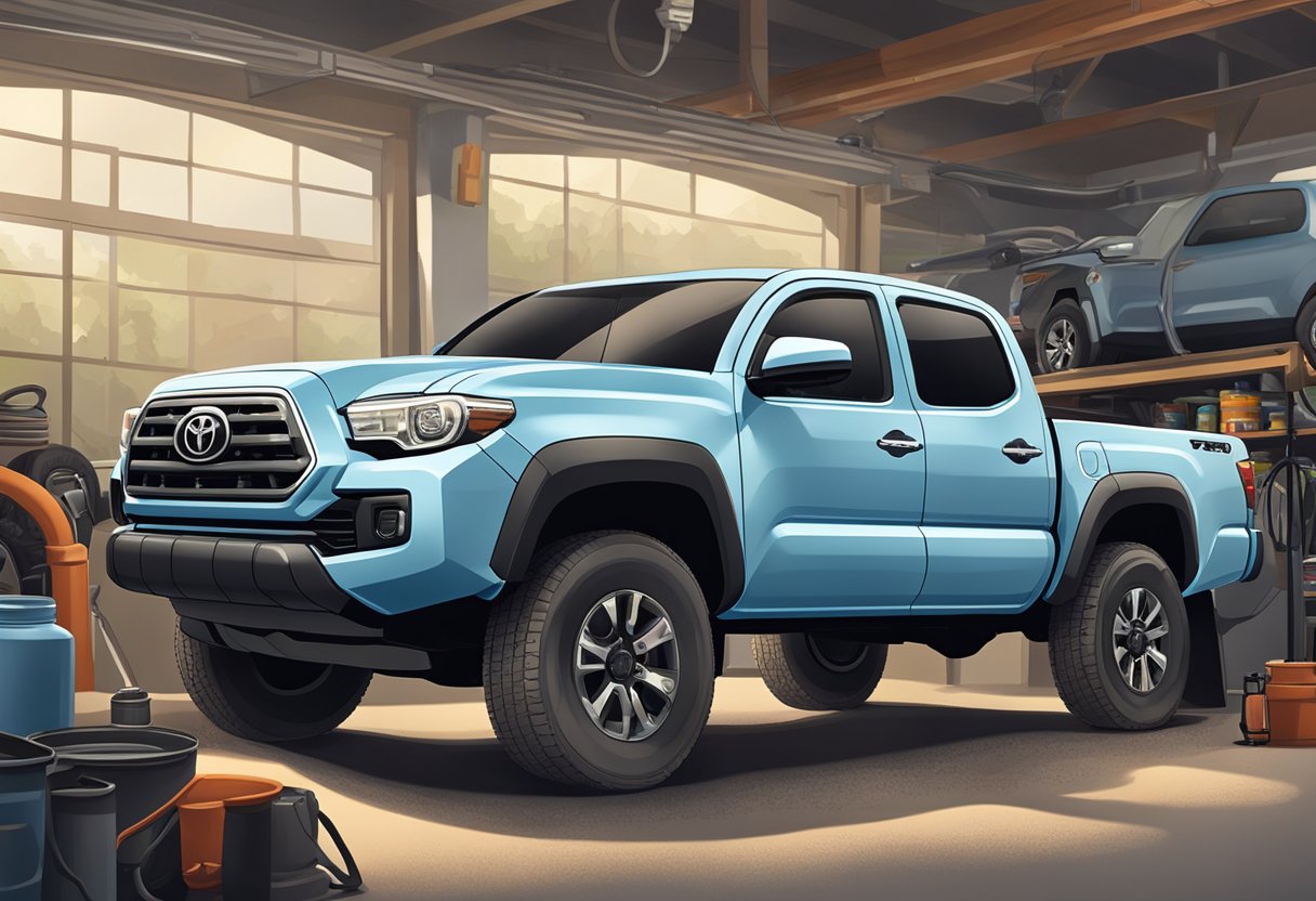 A Toyota Tacoma parked in a garage, with a mechanic pouring oil into the engine