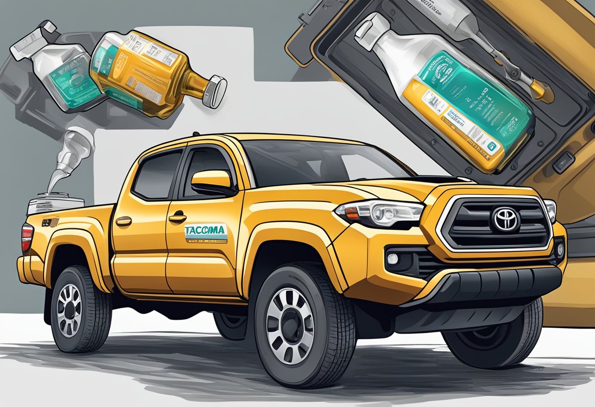 A Toyota Tacoma truck with its hood open, a bottle of oil labeled for the Tacoma, and a mechanic's hand pouring the oil into the engine