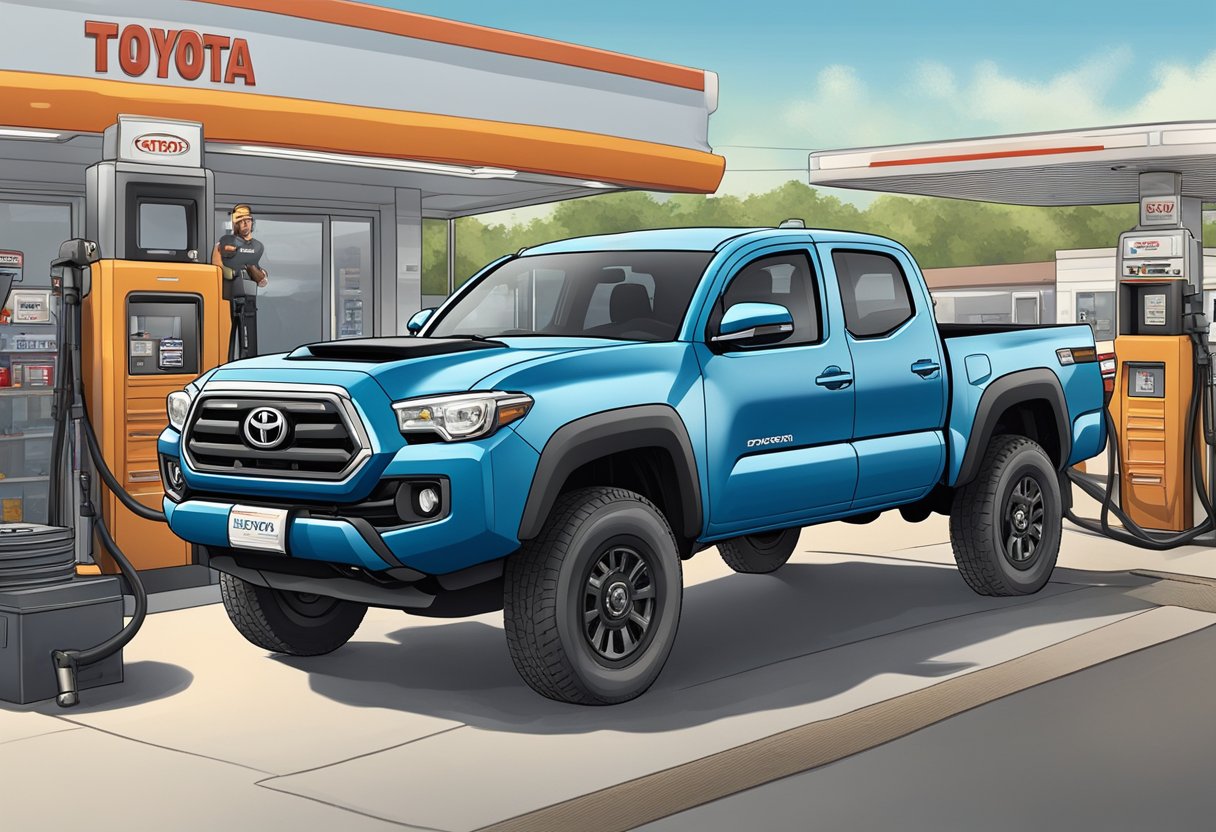 A Toyota Tacoma truck parked at a gas station, with the hood open and a mechanic pouring recommended oil into the engine