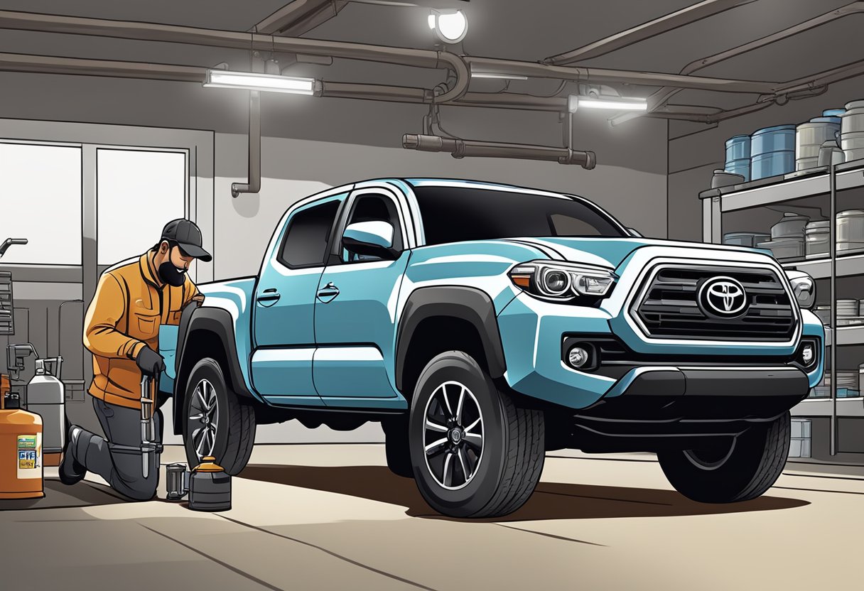 A Toyota Tacoma truck parked in a garage with a mechanic pouring the recommended oil type into the engine