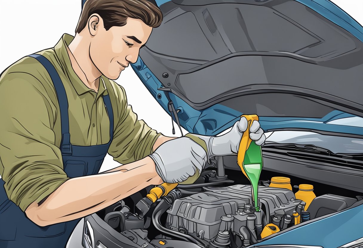 A mechanic pours 4.5 quarts of oil into a Hyundai Elantra's engine, filling it to the recommended capacity